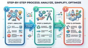 Process of Giniä showing analyze simplify and optimize workflow steps