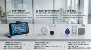 Different types of tracqueur devices including GPS, Bluetooth and RFID trackers